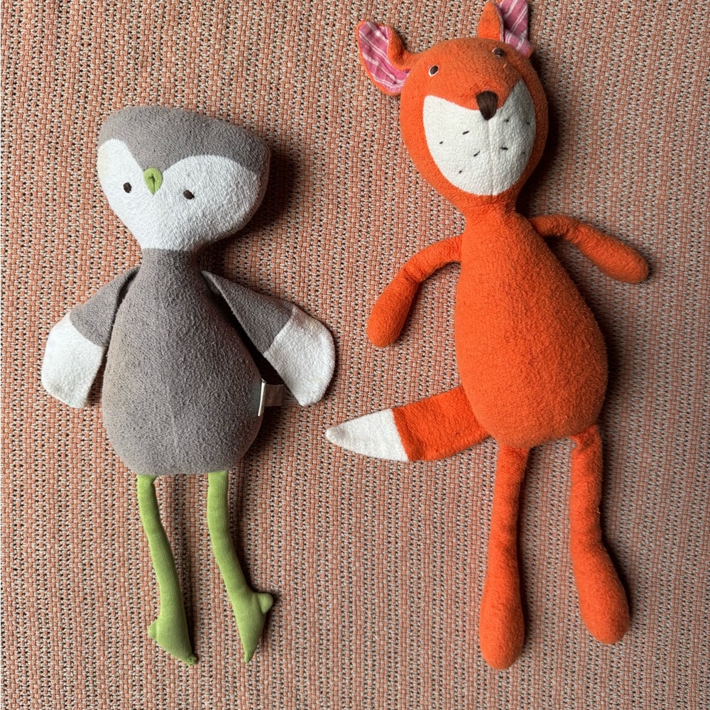 Charming Well-Loved Plush Owl and Fox Duo by Hazel Village